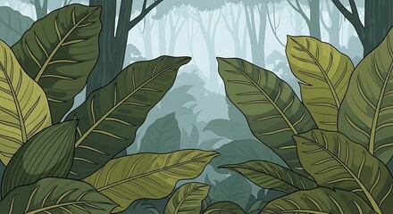 Lush, verdant jungle foliage with towering trees shrouded in atmospheric mist, creating a serene and mysterious natural landscape.