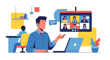 Flat style illustration of a business professional hosting an online meeting in a modern office, symbolizing remote teamwork, digital communication, and corporate collaboration