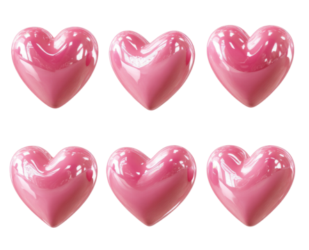 Six glossy, pink hearts arranged in a two-row grid against a black background.  Each heart displays a smooth, reflective surface with subtle variations in shading