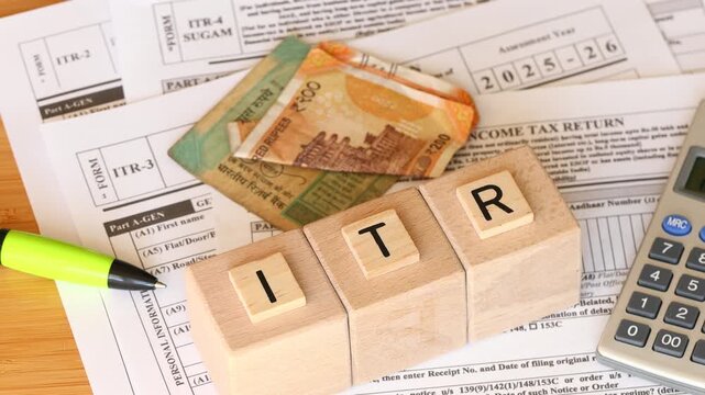  India taxes. Various ITR forms to fill out. Income tax return. Annual tax declaration. Financial concept. ITR written on wooden blocks. Close up