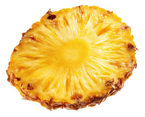 Close-up of a ripe pineapple slice.  A golden-yellow,  round slice displays the fruit's interior, showing radiating segments and a central core.  The edges show a slightly browned, textured exterior