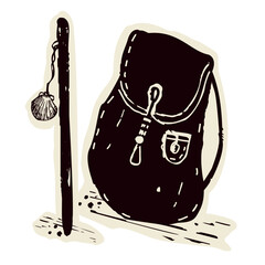 Drawing of pilgrims way shell walking stick and backpack motif set. For Canterbury religious sacred trail or Camino pilgrimage. Simple sketched jubilee faith based sanctuary illustration logo.