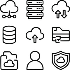 Cloud Computing Outline Icons Set Server, Network, and Data Synchronization