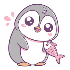Cute cartoon penguin with a pink fish and splashing water animal bird
