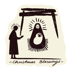 Hand drawn christmas blessings biblical holy family in manger nativity characters. Mary, Joseph and the baby Jesus christ child born in crib. Isolated vector icon for season greeting card.