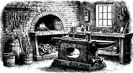 Antique workshop scene featuring engraved tools and a fireplace. Vintage black and white vector illustration showcasing a retro set.