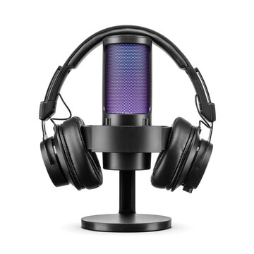Black microphone with blue light and headphones isolated. Transparent PNG image.