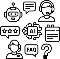 AI Customer Support Outline Icons Set – Chatbot, Headset, and User Rating Symbols