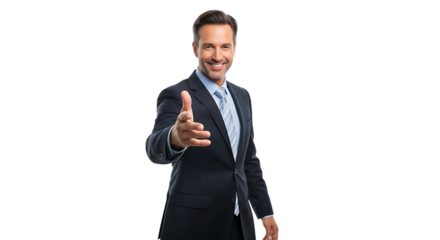 Smiling businessman in a suit offering a handshake, isolated on transparent background