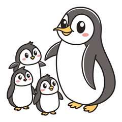 Cute cartoon penguin with three chicks on white background animal family