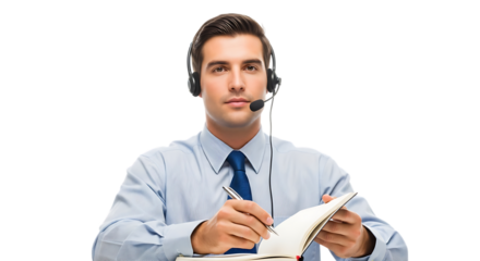 Man wearing headset and writing in notebook, isolated on transparent background