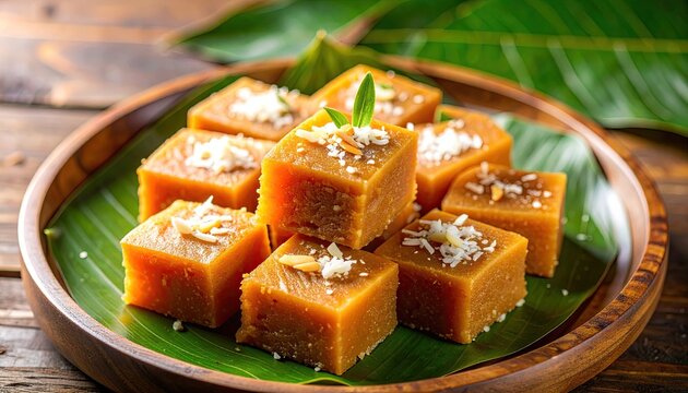 Golden Indian Peda Saffron Milk Sweets Arranged on Green Banana Leaf Plate with Warm Kitchen Lighting Overhead View