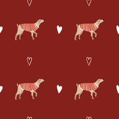 Seamless pattern with dogs in sweaters and hearts. Background with pets in clothes. Cute Christmas winter pattern. Vector flat illustration on a red background.