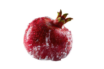 Close-up of a pomegranate, coated in a frosty, watery substance.  Deep red fruit, isolated on black