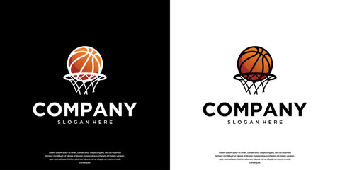 basketball logo with ball and hoop concept, championship competition, graphic design illustration.