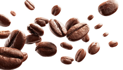 Roasted coffee beans in motion against a black background