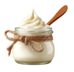 Creamy yogurt in a glass jar, topped with whipped cream, and a wooden spoon