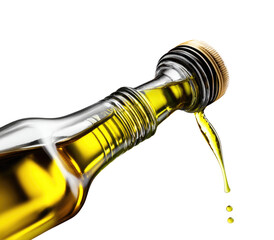 Close-up of golden liquid pouring from a clear glass bottle.  A metallic cap is visible