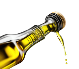 Close-up of golden liquid pouring from a clear glass bottle.  A metallic cap is visible