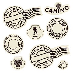 Set of Camino Santiago de Compostela pilgrim passport badges. With St James way Shell, cross, scallop icon for European pilgrimage journey route in Spain. Isolated on white background travel symbol