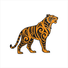 Tribal Tiger Illustration in Orange and Black on White Background