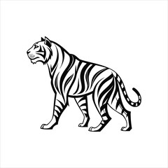 Walking Tiger Silhouette – Black and White Vector Illustration of a Majestic Tiger
