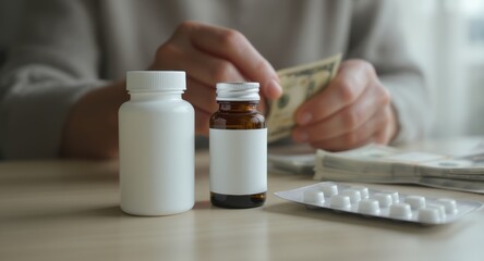 Close-up of medicine bottles, blister pack, and person counting cash on a wooden table, representing healthcare costs