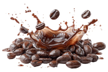 Coffee beans and liquid splash.  Dark brown coffee beans are piled, with a splash of liquid coffee centered over them.  Coffee beans and espresso mix are in the air
