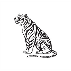 Obraz premium Sitting Tiger Illustration – Black and White Tribal Vector Design