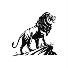 Majestic Lion Standing on Rock – Black and White Vector Illustration