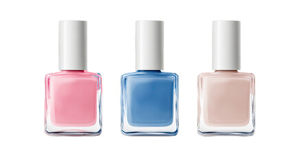 Three square nail polish bottles, in shades of pink, blue, and beige.  Each bottle has a white cap