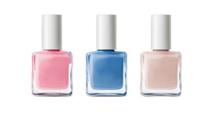 Three square nail polish bottles, in shades of pink, blue, and beige.  Each bottle has a white cap