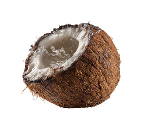 Close-up of a halved coconut, showcasing the inner white flesh and a splash of liquid.  Brown, fibrous husk surrounds the interior