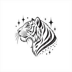 Black and White Tiger Head with Sparkling Stars Vector Illustration on White Background