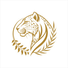 Golden Leopard Head Logo Design with Laurel Circle on White Background