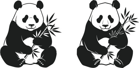 Cute panda bear vector illustration set, eating bamboo design for wildlife, logo, tattoo, nature, and conservation themed artwork © Creative Vector
