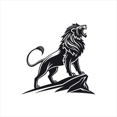 Roaring Lion Standing on Rock – Powerful Black and White Vector Illustration