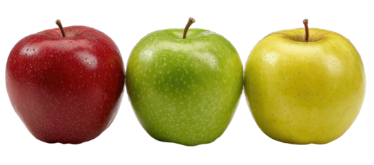 Three whole apples in a horizontal row, showcasing red, green, and yellow