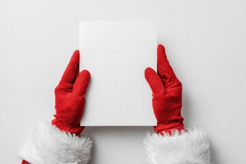 Santa Claus Hand Holding Blank Paper Sign Isolated On Red Background. Close Up. Christmas Gifts Buying. White Gloved Hand and Vertical Page Card MockUp Template. Advertisement gesture. Xmas List, Mail