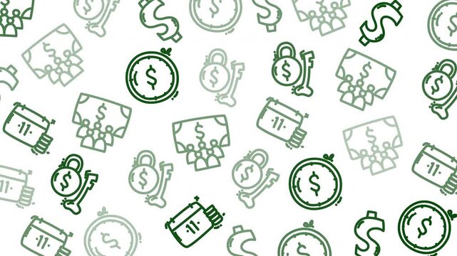 Financial icons pattern, money symbols and charts, seamless graphic design, digital illustration, white background, flat lay, business concept