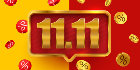11.11 Sale Day Promotional Banner. Eye-catching background for discount events with golden numbers and percentage coins. Vector illustration