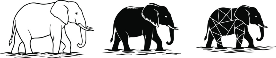 Elephant vector illustration set, geometric, silhouette, and outline wildlife design for logo, tattoo, safari, and nature art collection