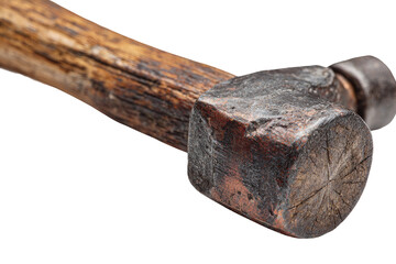 Close-up of aged, wooden-handled hammer head.  Rusty, square metal head.  Visible wood grain
