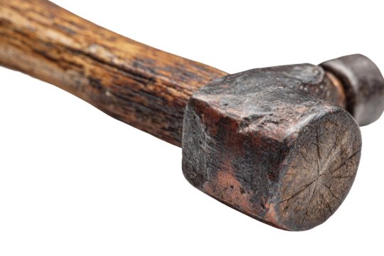 Close-up of aged, wooden-handled hammer head. Rusty, square metal head. Visible wood grain