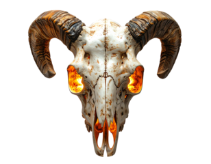 Ram skull with glowing orange eyes against a black background