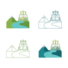 Four stylized illustrations of landscapes with mountains rivers and trees in minimalist line art style