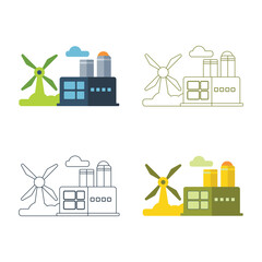 Set of four flat design icons representing renewable energy production with wind turbines and industrial buildings