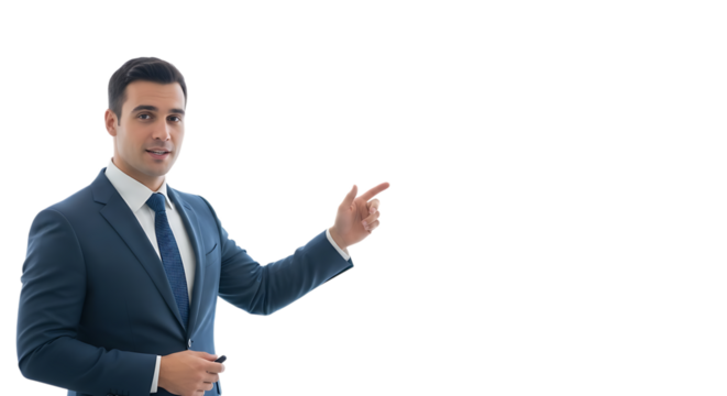 Businessman pointing to the side isolated on transparent background