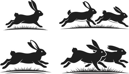 Running rabbit vector illustration set, jumping hare wildlife design for logo, tattoo, spring nature, and animal movement artwork collection