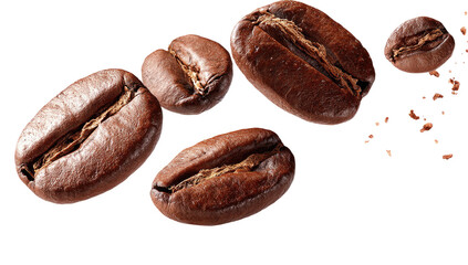 Obraz premium Roasted coffee beans scattered in mid-air against a dark background, highlighting their rich brown color and texture